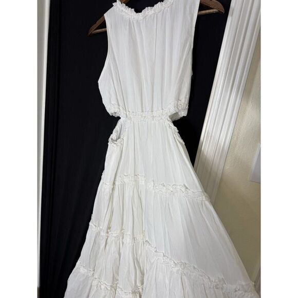 &Merci Women White Ruffle Tiered Cut-Out Maxi Cottage Beach Dress Fairy Angel M - Picture 2 of 7